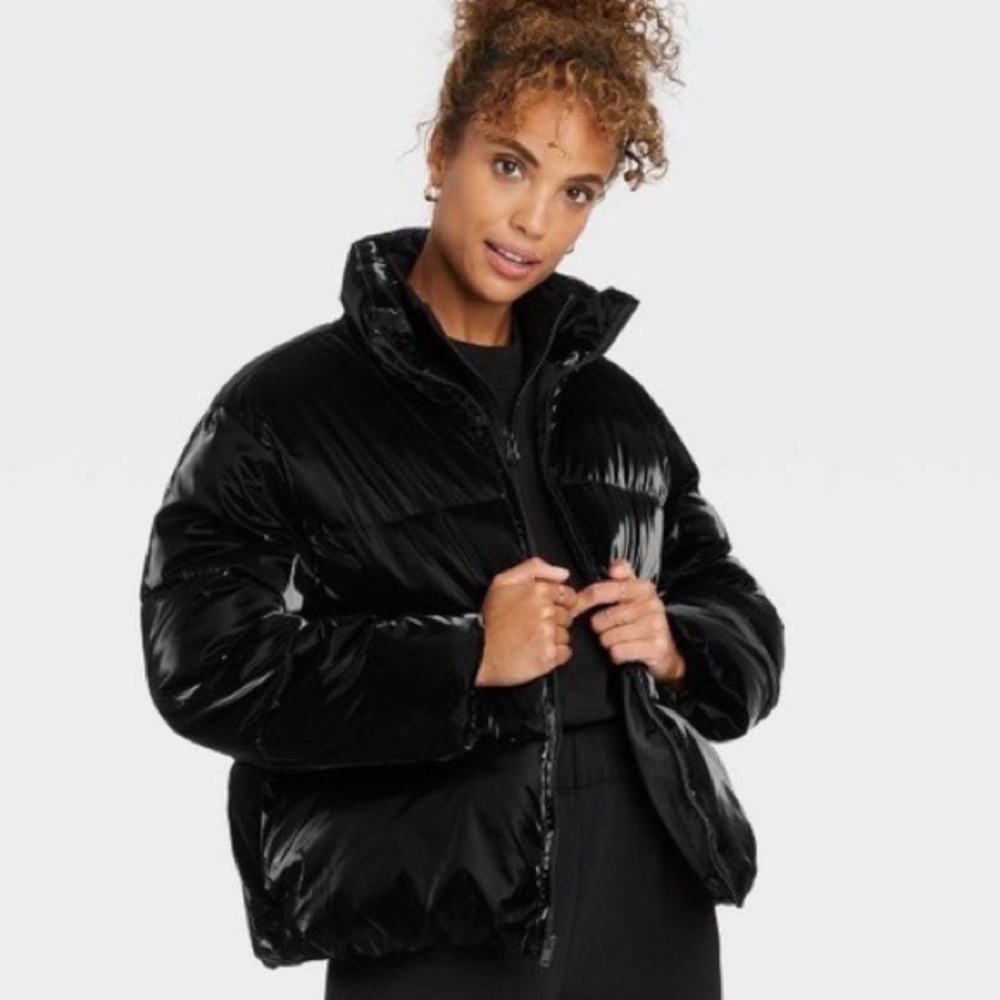 Black iridescent cropped puffer jacket